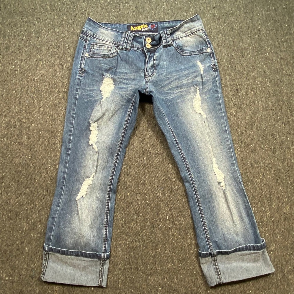 Angels Jeans Y2K Womens Size 11 Distressed Medium Wash Cuffed Cropped Denim Pant
